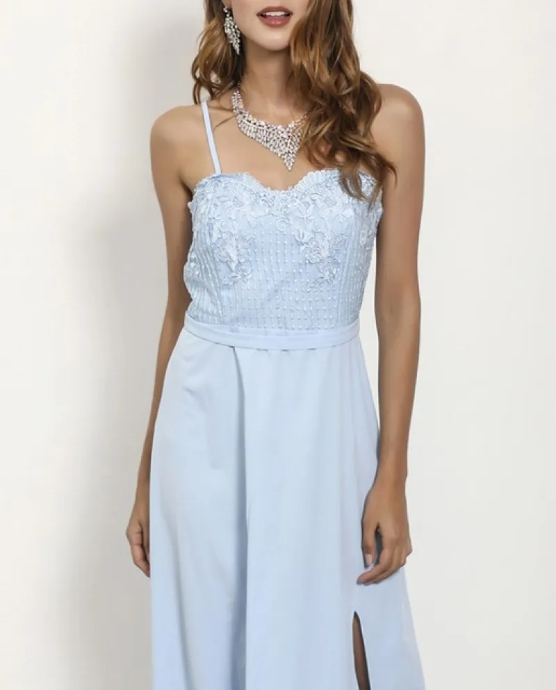 Elegante abito da festa di temperamento in pizzo con spacco alto, damigella donore, abito da festa lungo da donna, ricamo flore